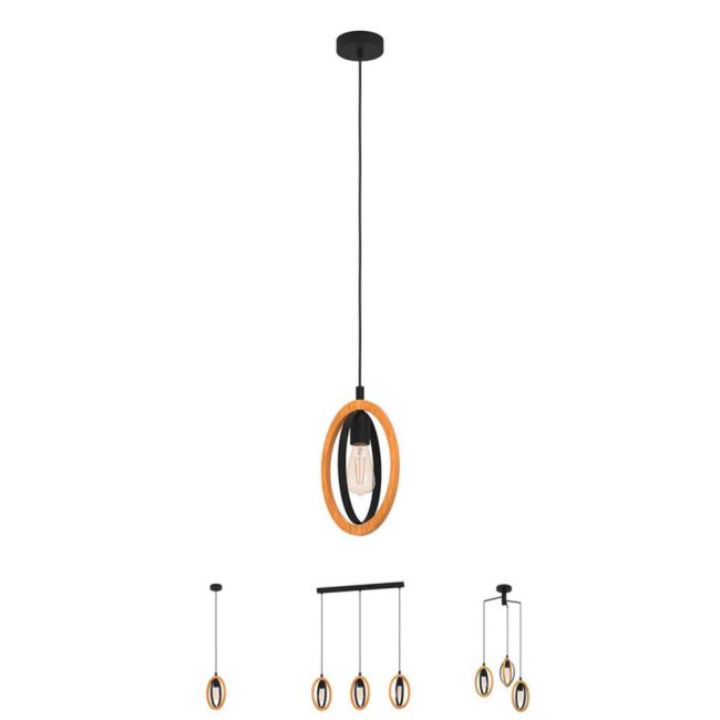 Basildon Black and Wood Pendant Light by Eglo