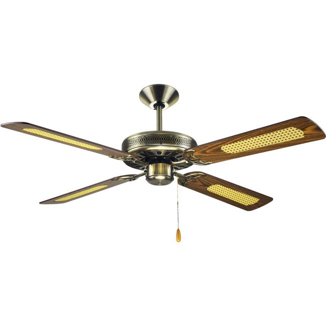 Hunter Pacific Majestic Coolah 52" 4 Timber Blades & Pull Cord Ceiling Fan - Antique Brass with Walnut Optional Rattan Side Blades 837