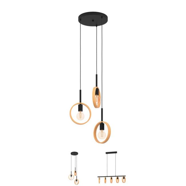 Ipsden Black with Wood Pendant Light by Eglo