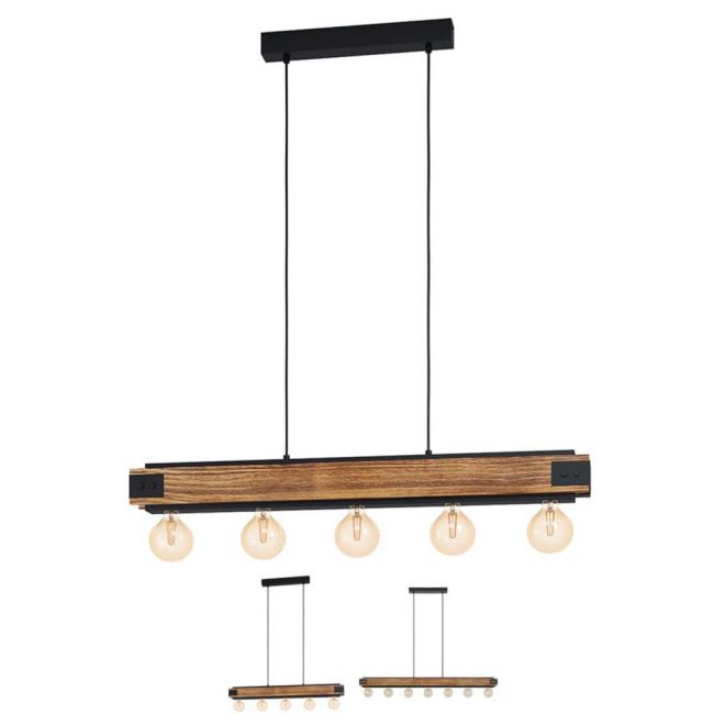 Layham Black with Rustic Wood Pendant Light by Eglo