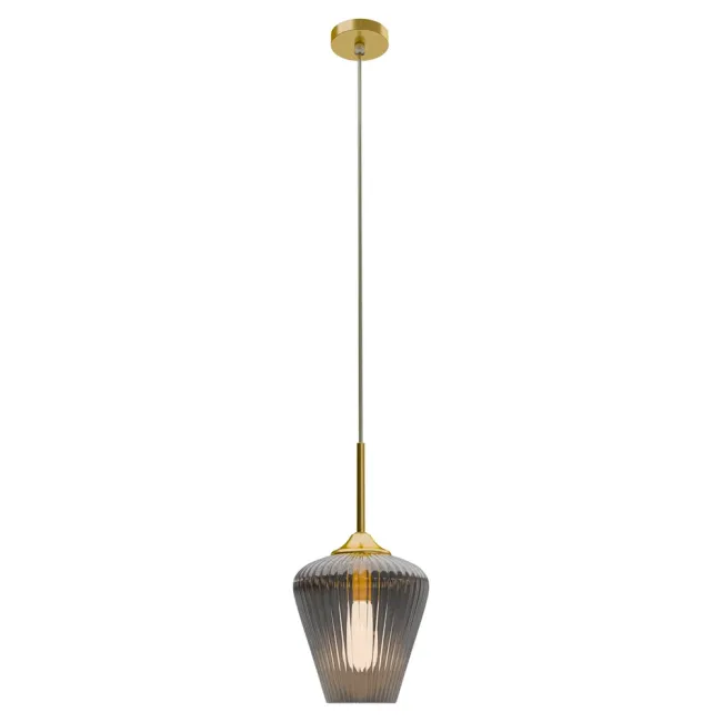 Calibo Ribbon 230mm Pendant Light in Gold with Smoke Fluted Glass RIB-1PN-23-E27-SM-GD