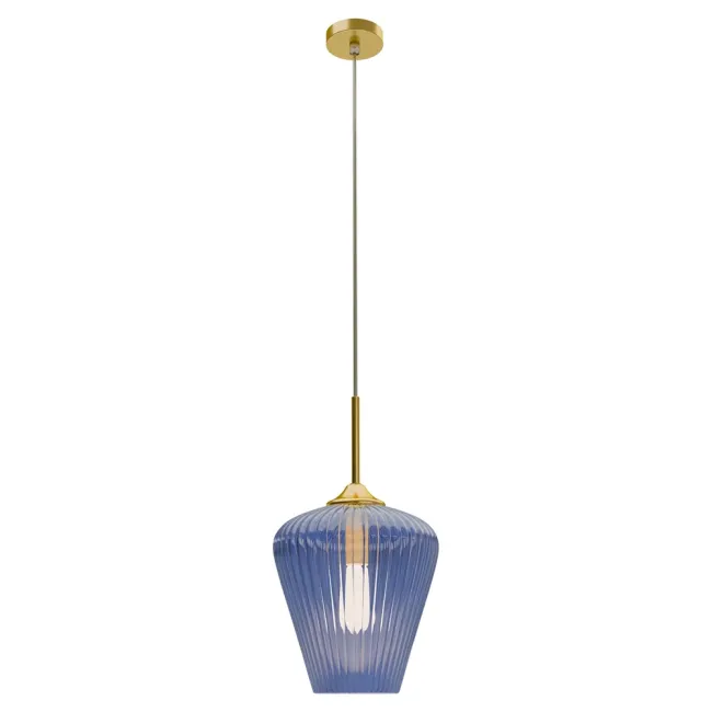 Calibo Ribbon 280mm Pendant Light in Gold with Blue Fluted Glass RIB-1PN-28-E27-BL-GD
