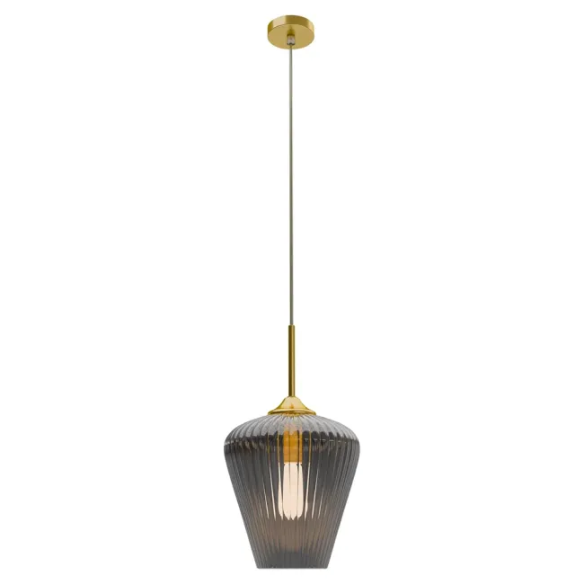 Calibo Ribbon 280mm Pendant Light in Gold with Smoke Fluted Glass RIB-1PN-28-E27-SM-GD