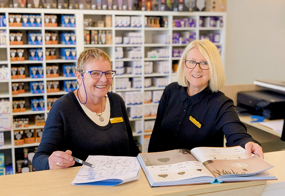 Two lighting consultants standing at the counter of The Fan & Light Shop in Mile End SA with a lighting catalogue on the counter.